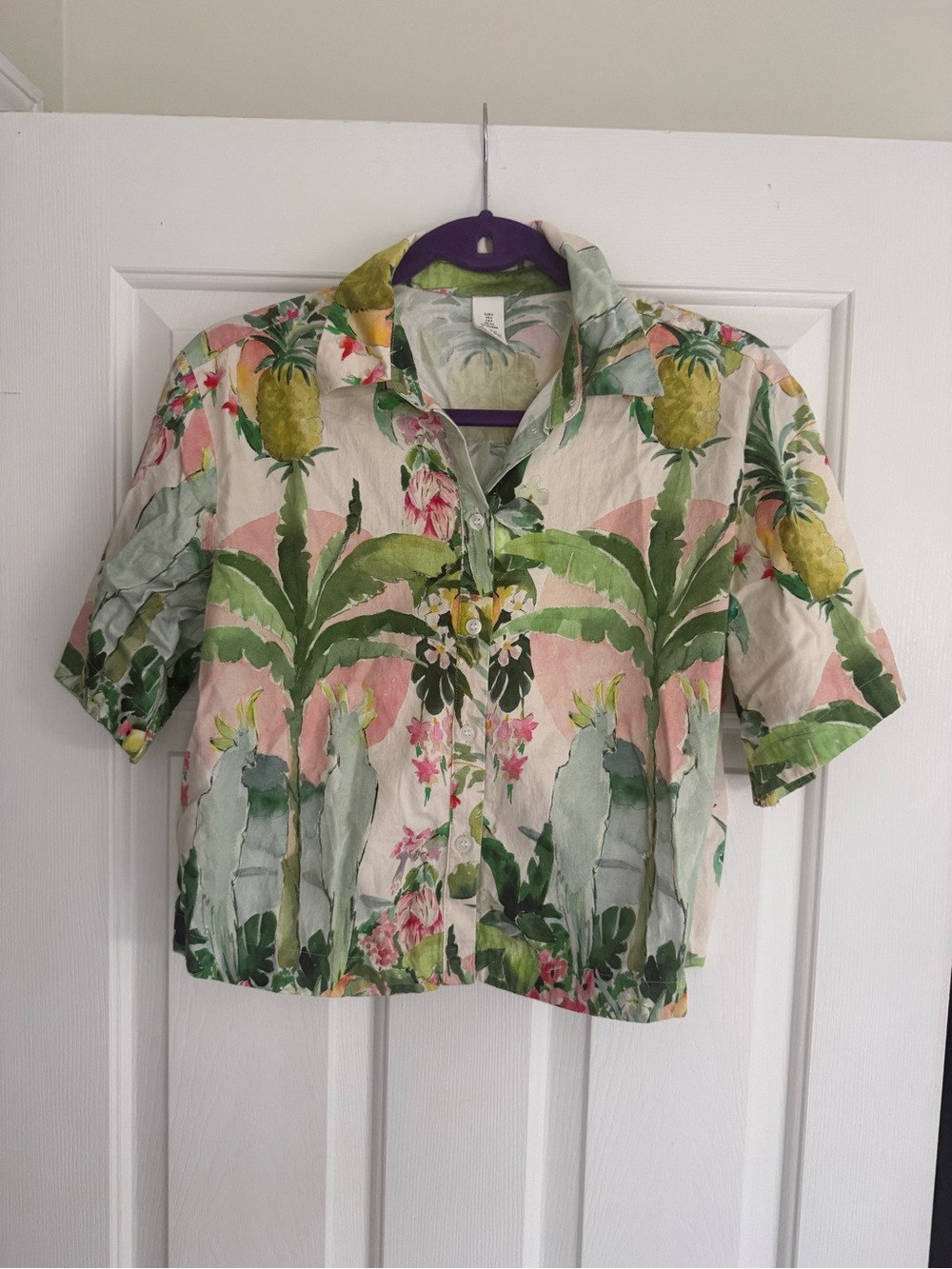 H&M Tropical Pineapple & Parrot Button-Down Shirt - Pink/Green/Yellow